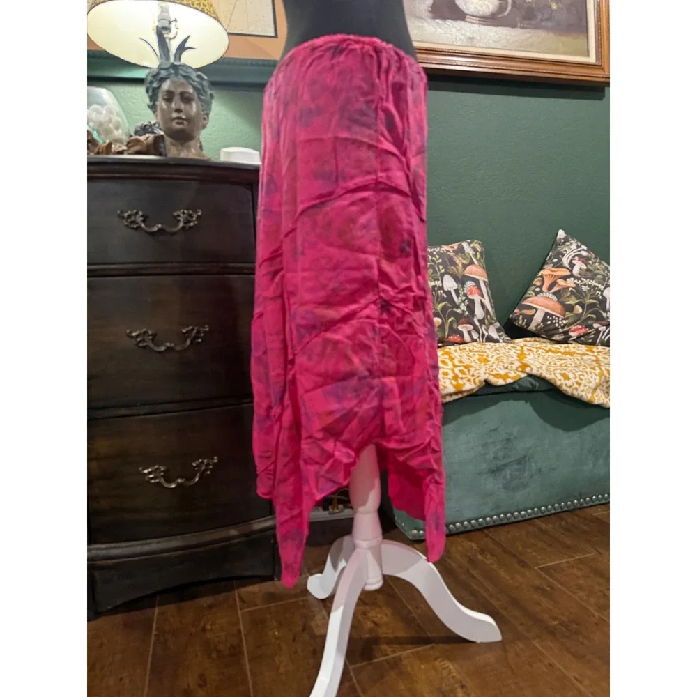 Click by Color Me Cotton Pink Purple Abstract Handkerchief Hem Midi Skirt Vintag